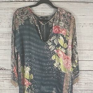 Lina Black Tunic with Pink & Green Floral and Paisley Accents